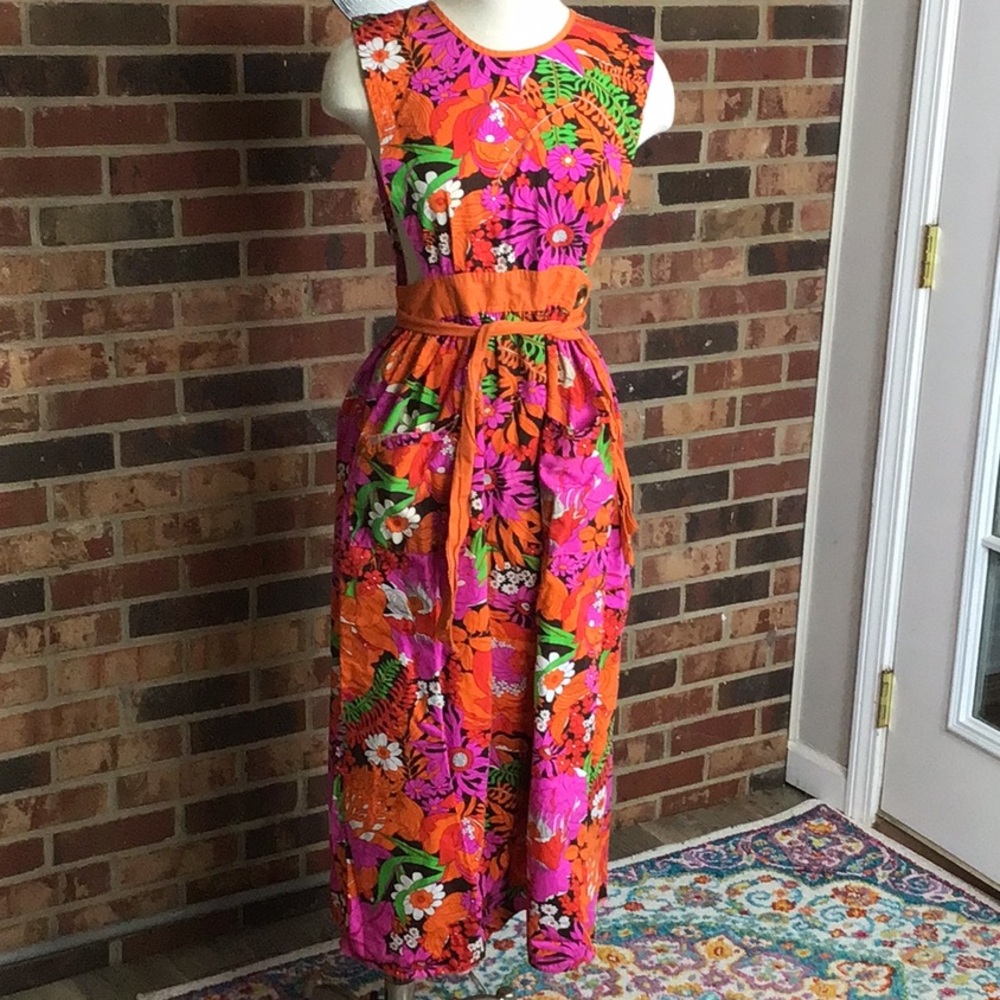 Vintage 60’s design house Japanese cotton art smock dress one sz orange floral